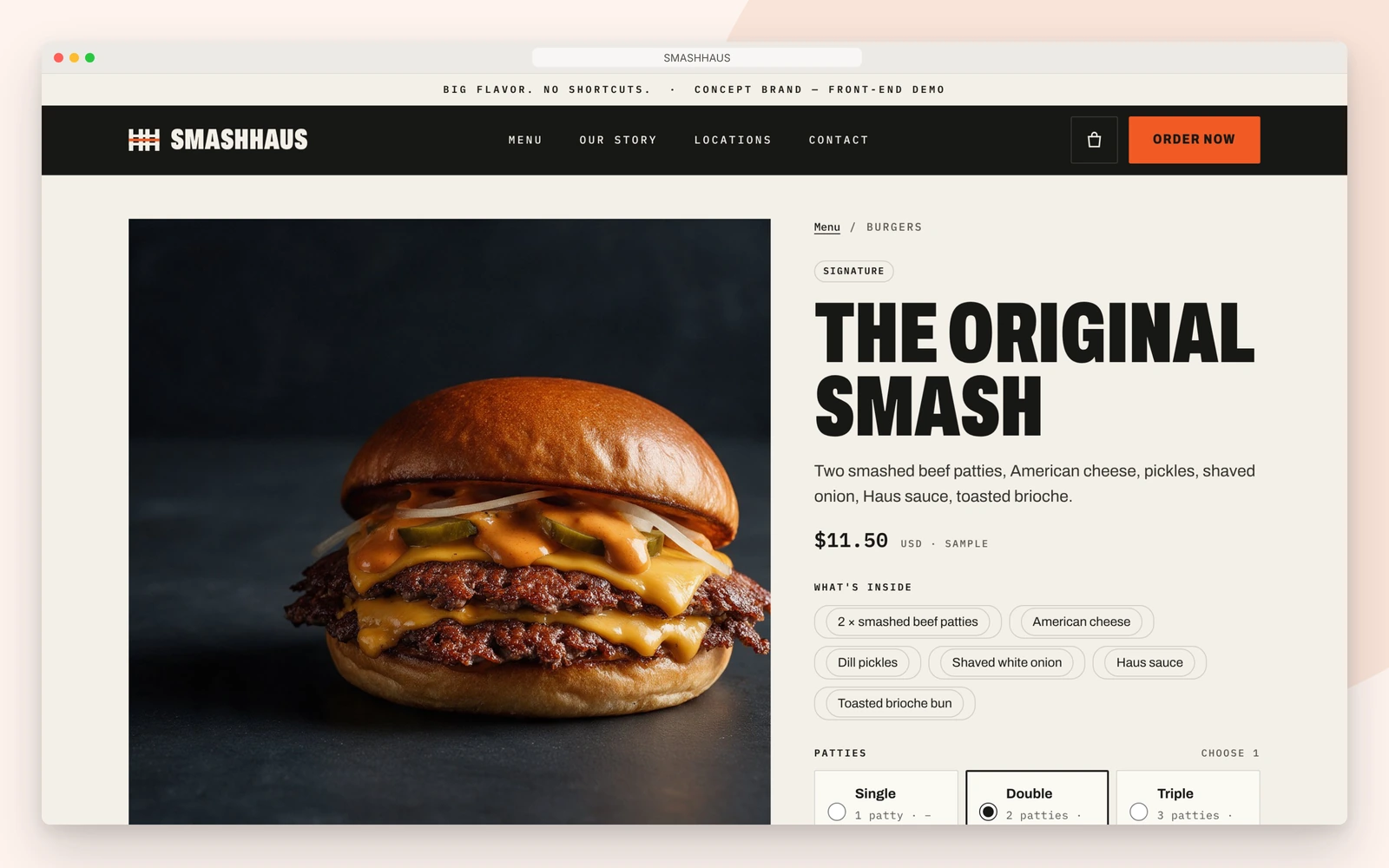 SmashHaus burger product page with patty options
