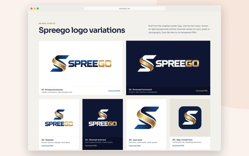 Spreego logo variations – horizontal, stacked, icon and app icon versions
