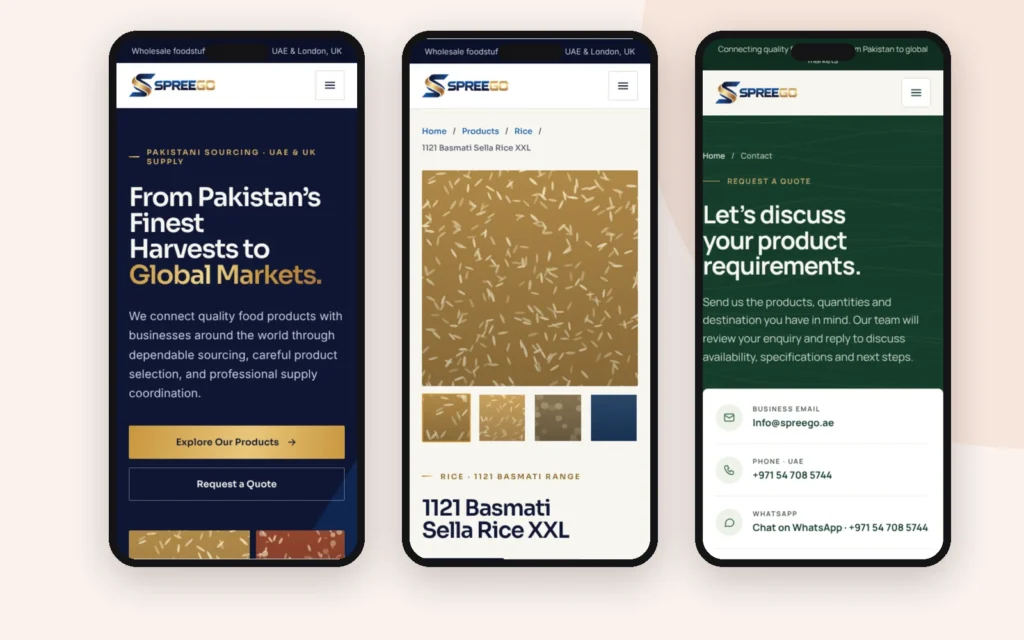 Spreego Trading mobile website – home, product detail and contact pages
