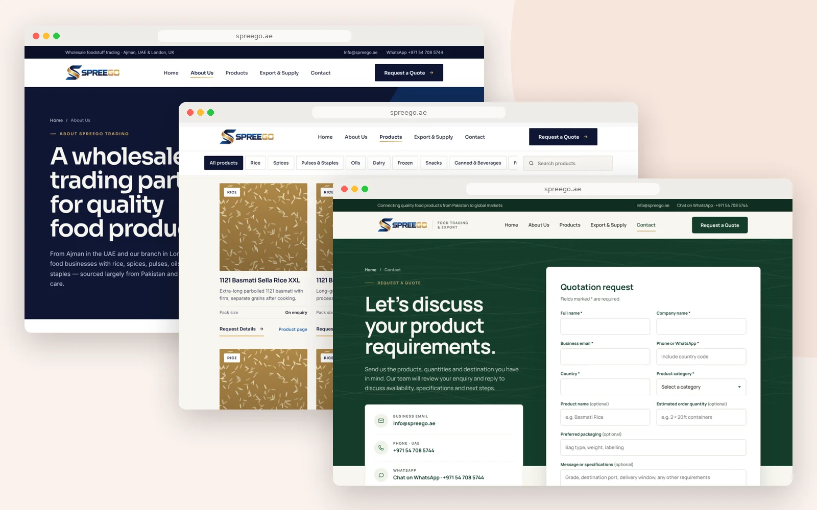 Spreego Trading website pages – about, product catalogue and quotation request