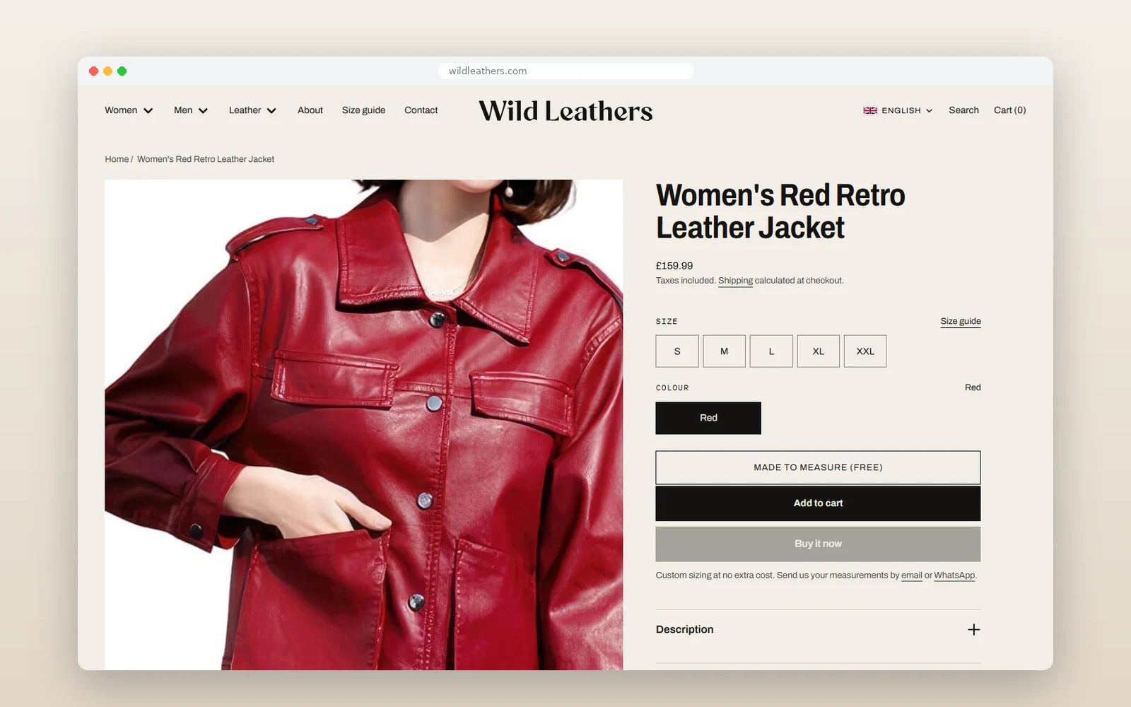 Wild Leathers — product page with made-to-measure sizing
